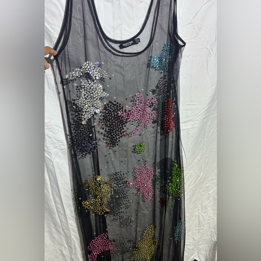 Nasty Gal Black Mesh Dress with Multicolor Sequins